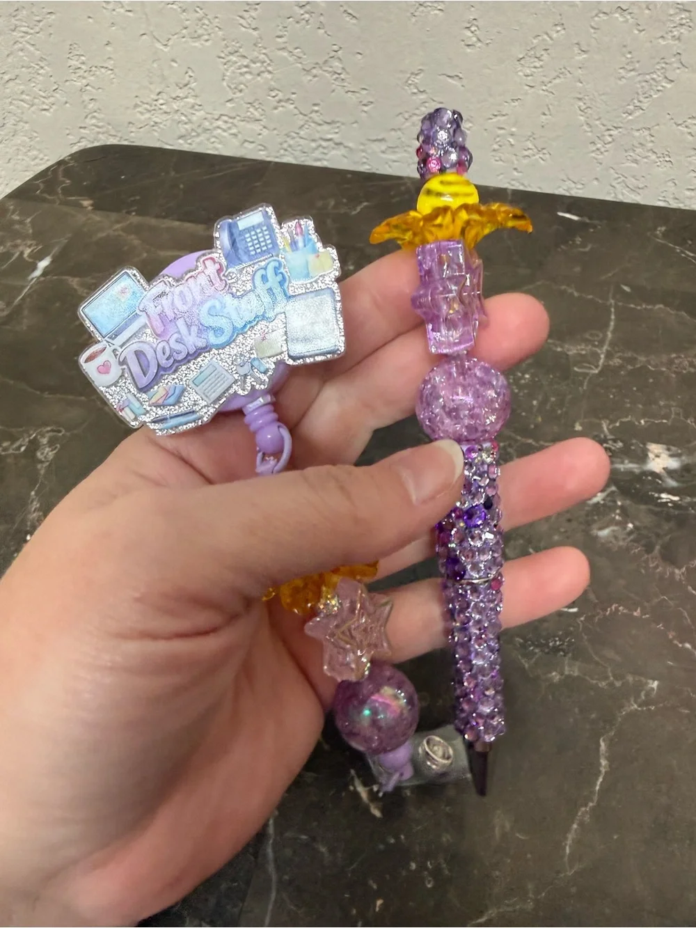 Purple Front Desk Staff Rhinestone Beaded Pen and Matching Badge Reel Handmade